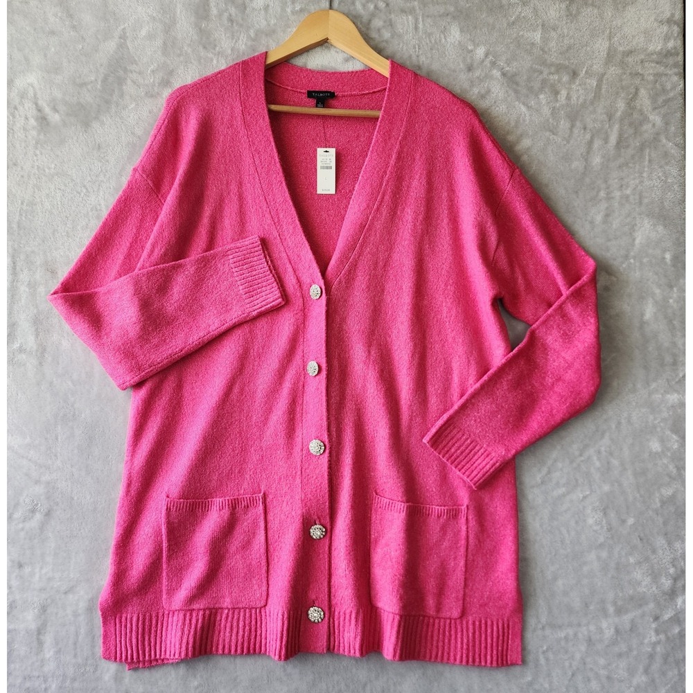 Talbots Cardigan Sweater Womens Size Large Pink Rhinestone Buttons Front NWT